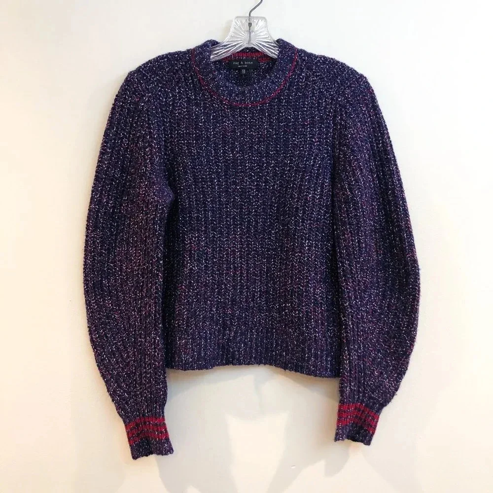 Rag & Bone Merino Wool Blend Blue Red Striped Tight Knit Pullover Sweater XS - Picture 3 of 12
